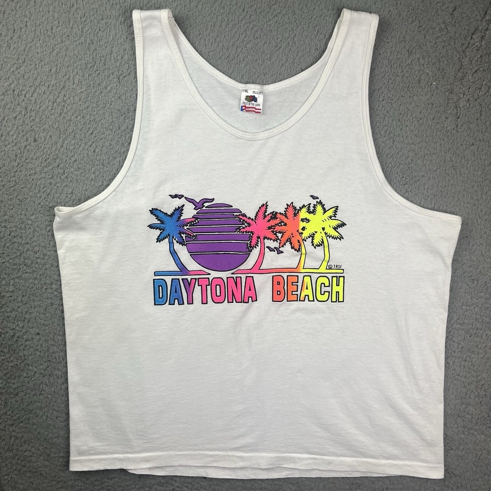 Vintage Daytona Beach Tank Top White Shirt 90s Palm Trees Fruit of the Loom XL